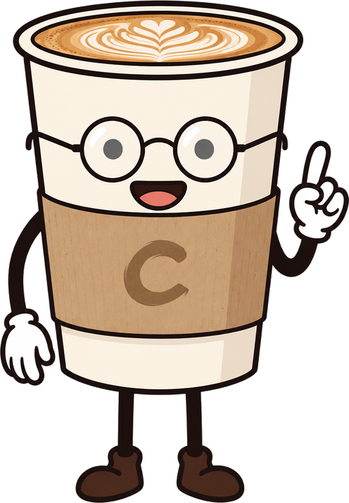 Capp, a latte cup with round glasses, pointing up.