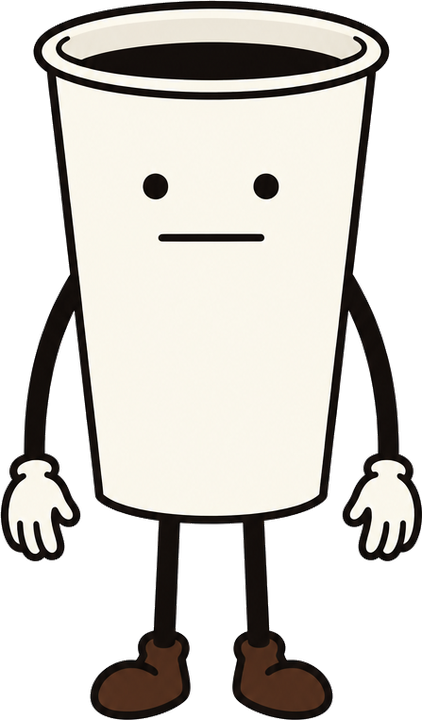 Drip, a tall white paper cup of black coffee with two dot eyes and a flat line mouth, standing on thin black legs in brown boots, saying hey there.