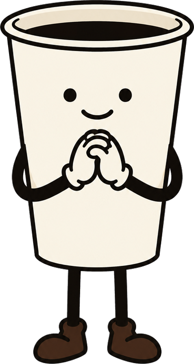 Drip: a tall white paper cup of black coffee with two dot eyes, a flat line mouth, thin black arms and legs, white gloves and brown boots.