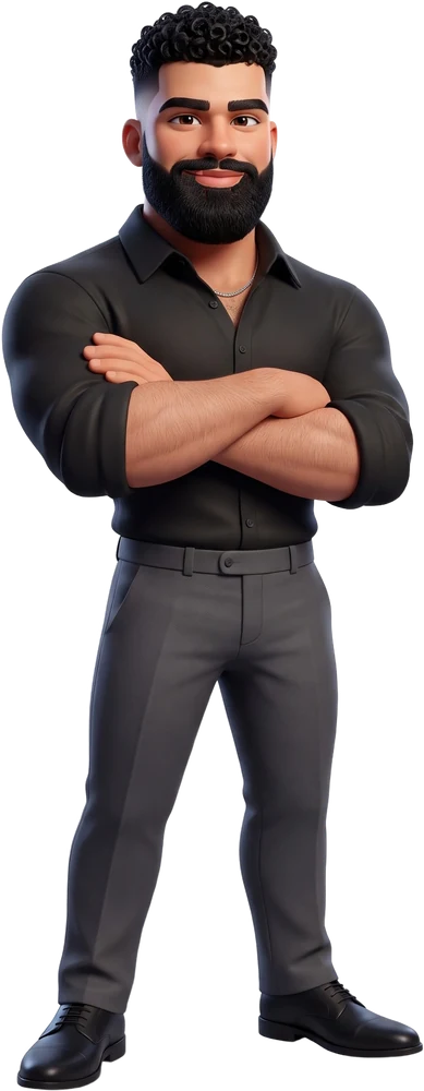 A 3D character version of Zain: curly black hair, full beard, black shirt, arms crossed.