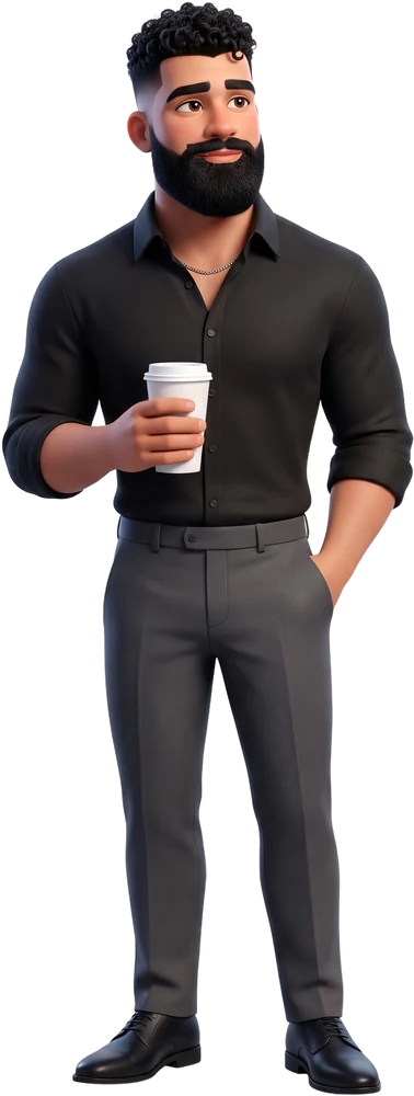 Zain as a 3D character, holding a coffee, one hand in his pocket.