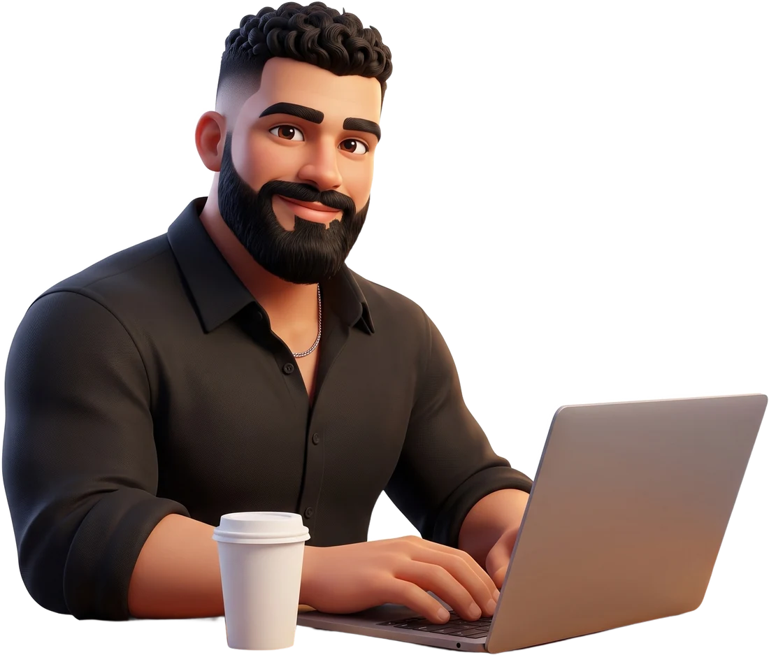 Zain as a 3D character at a desk, typing on a laptop next to a coffee cup, grinning at the camera.