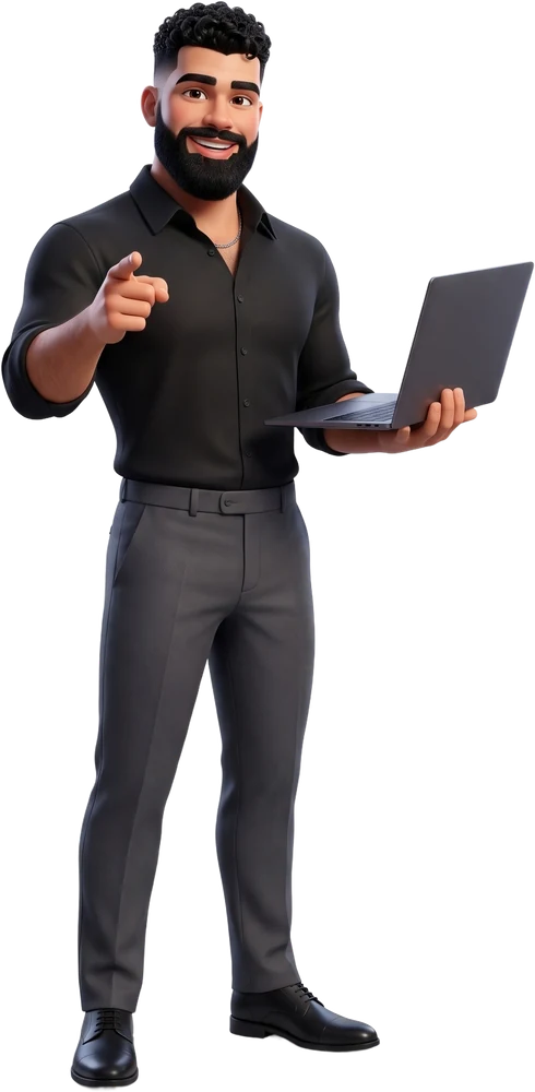 Zain as a 3D character, holding a laptop and pointing at you.